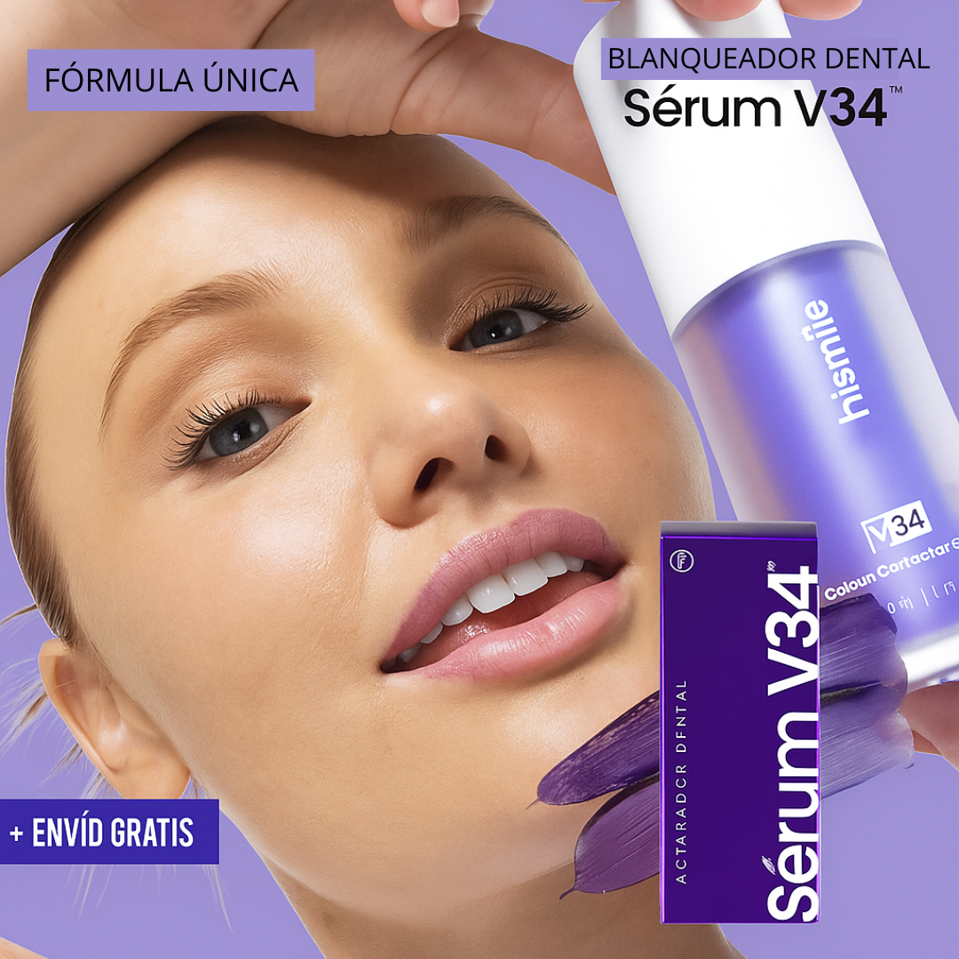 Blanqueador dental Sérum V34 – fórmula única y exclusiva para el blanqueamiento de los dientes en pocos minutos al día.