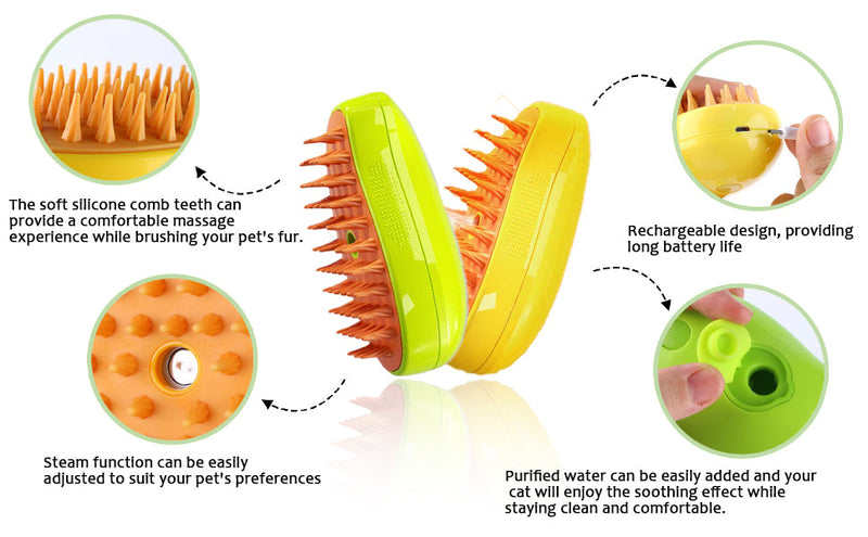 Brosse à vapeur rechargeable exclusive et brevetée (95°F-113°F) pour le bain des animaux 