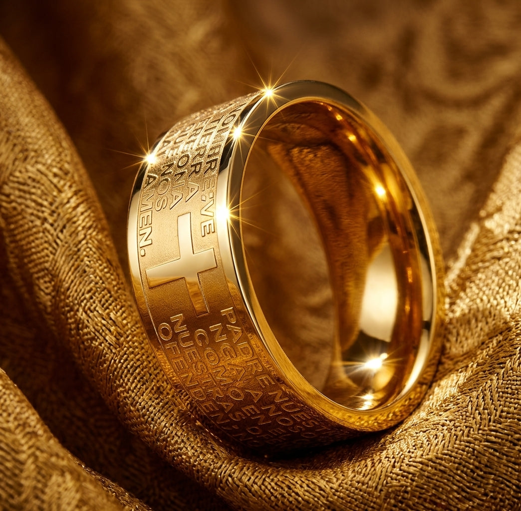 Anillo de Fe Dorado – Oración del Señor Grabada