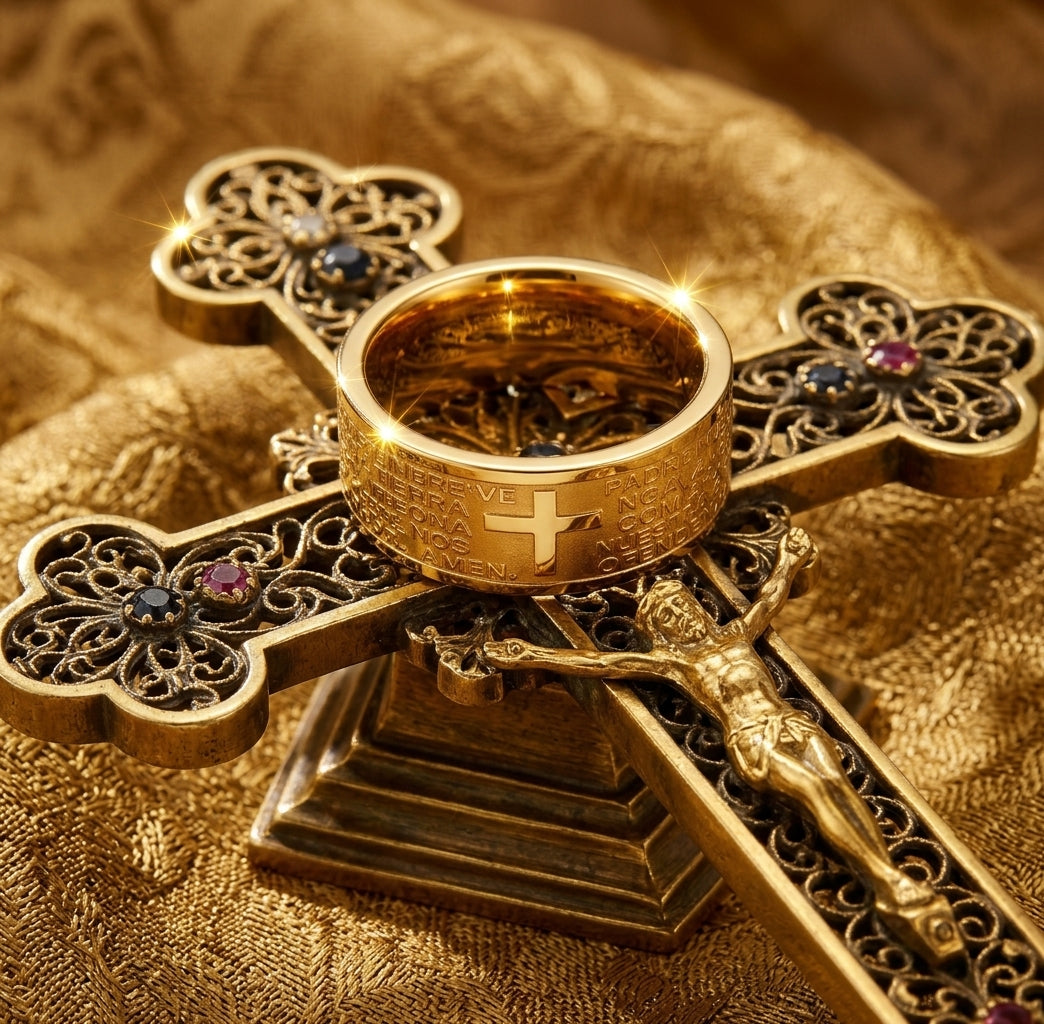Anillo de Fe Dorado – Oración del Señor Grabada